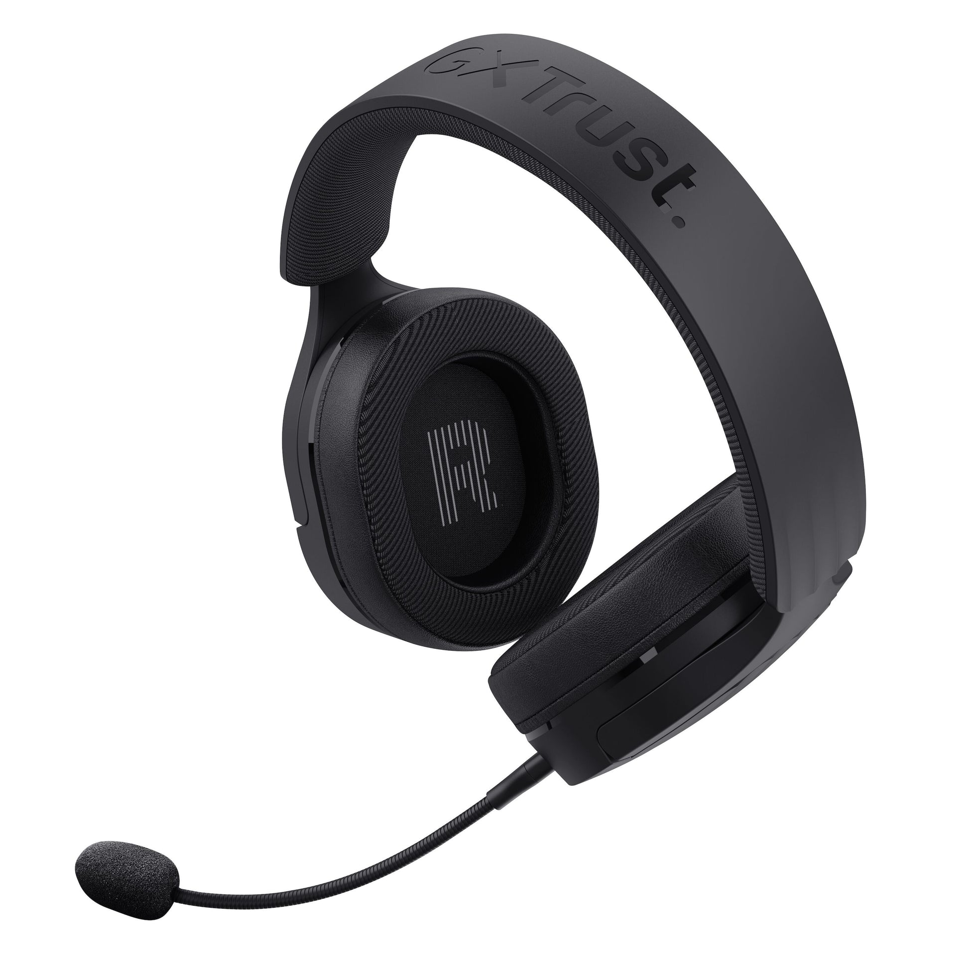 Trust GXT 489 Fayzo gaming-headset sort, over-ear, aftagelig mikrofon, GXT-logo på hovedbøjle, R-mærke på ørekop.