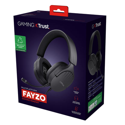 Trust GXT 489 Fayzo gaming-headset i mørkeblå æske med røde detaljer, multiplatform, aftagelig mikrofon.