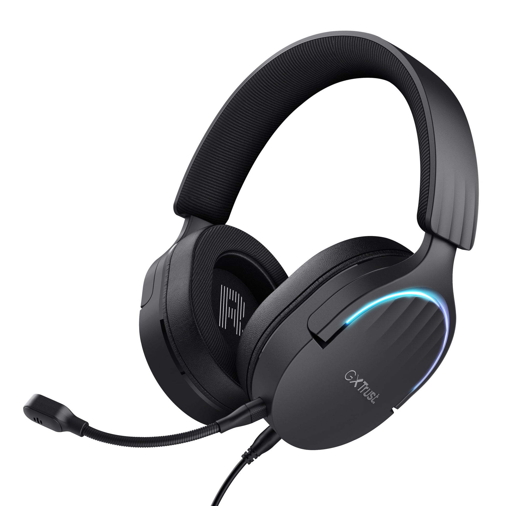 Trust GXT 490 Fayzo 7.1 gaming-headset sort, over-ear, polstret bøjle, blå LED-lys, hurtig mikrofon, synligt Trust-logo.