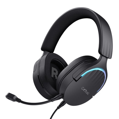 Trust GXT 490 Fayzo 7.1 gaming-headset sort, over-ear, polstret bøjle, blå LED-lys, hurtig mikrofon, synligt Trust-logo.