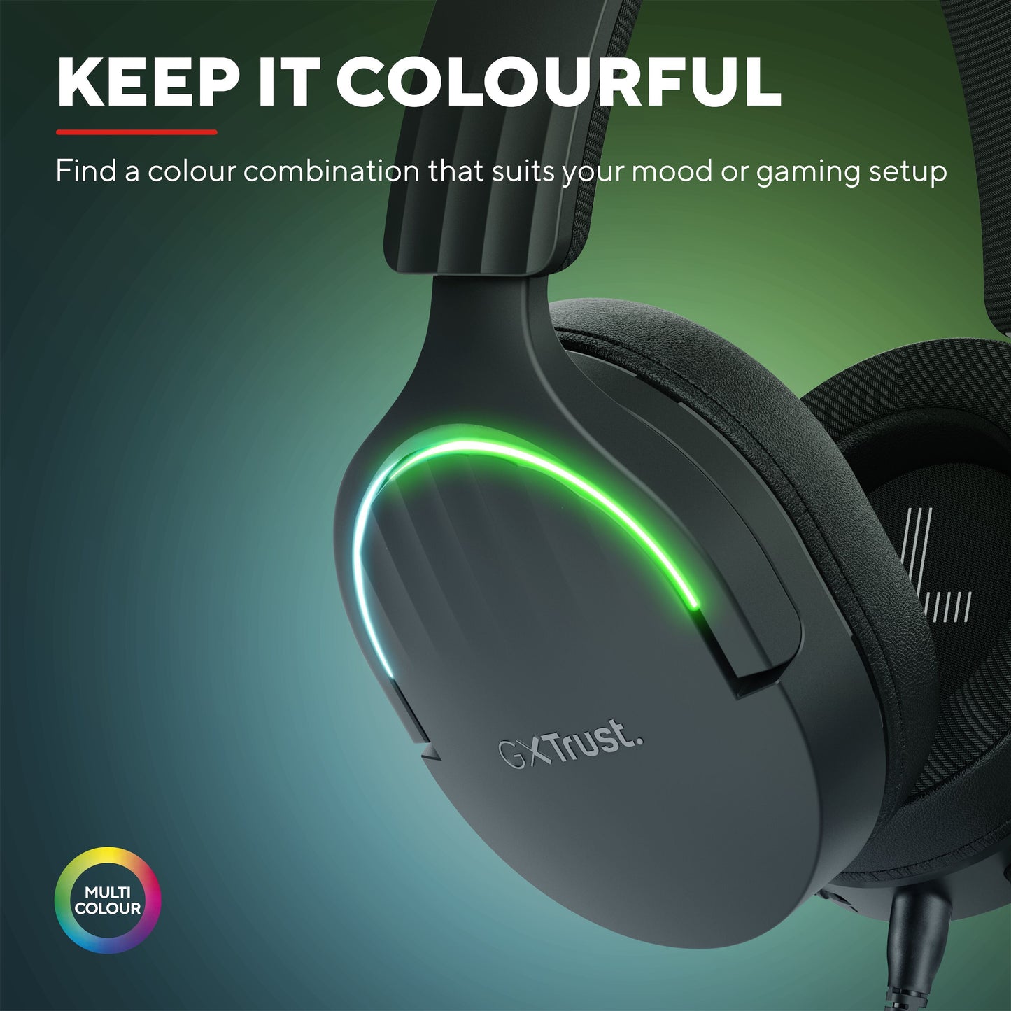 Trust GXT 490 Fayzo 7.1 gaming-headset med grønne og blå LED-lys, justerbar RGB, sort design, tæt detaljeret vinkel.