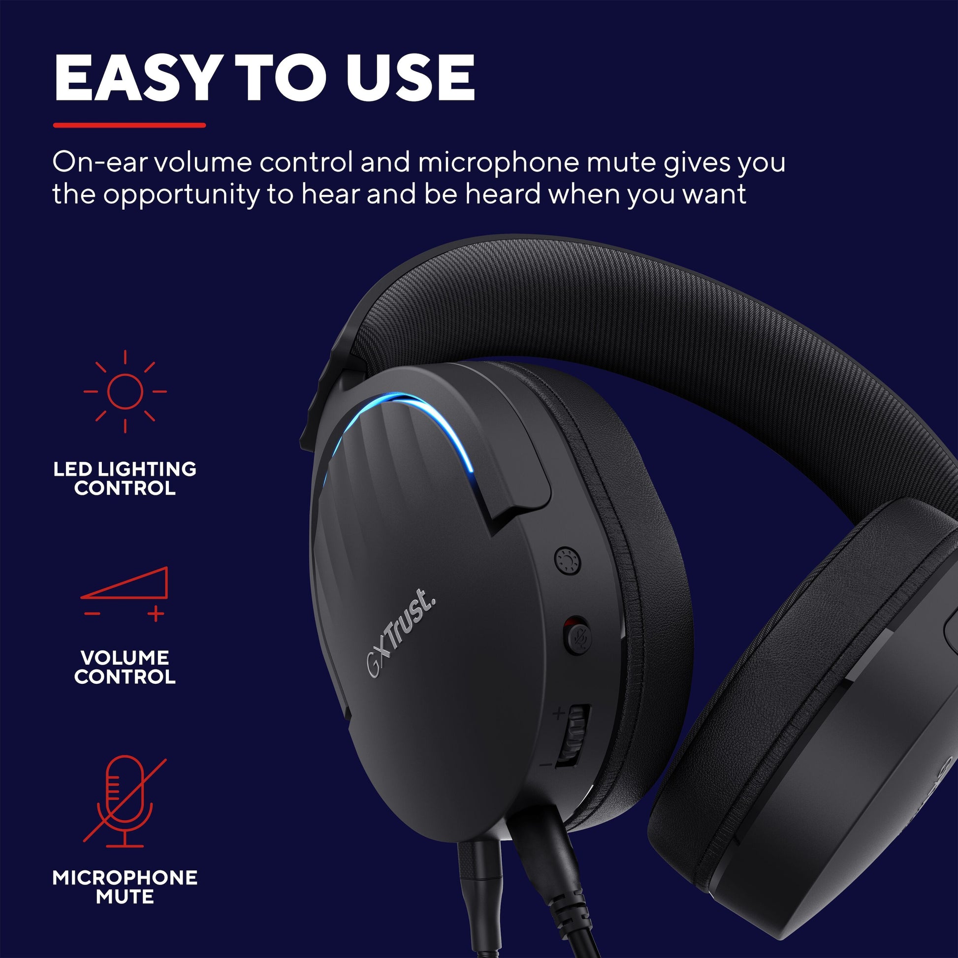 Trust GXT 490 Fayzo 7.1 gaming-headset med blå LED-lys, on-ear volumen-, mic mute- og LED-kontrol, sort design.