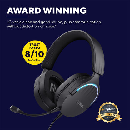 Trust GXT 490 Fayzo 7.1 gaming-headset i sort med blå detaljer og 7.1 surround sound.
