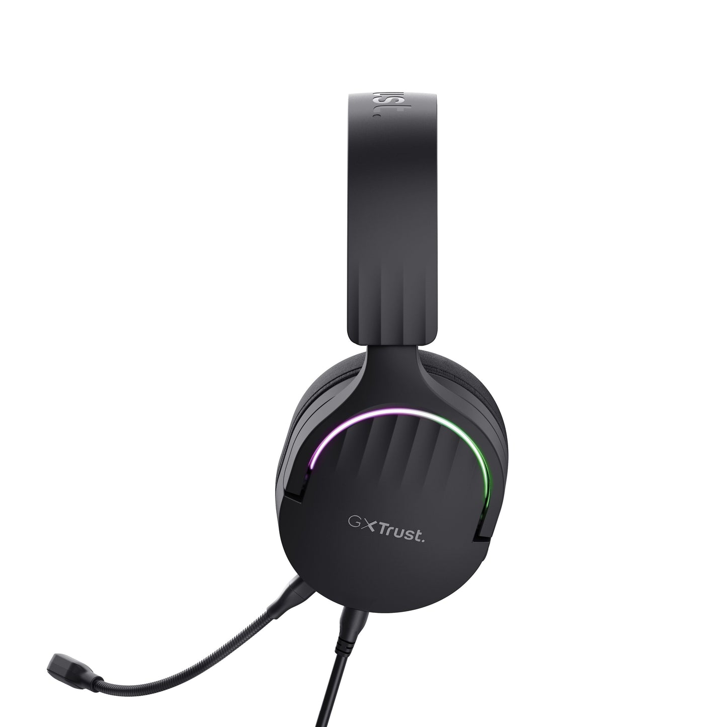 Trust GXT 490 Fayzo 7.1 gaming-headset sort, surround sound, indbygget mikrofon, RGB-lys ved ørekopper, polstret hovedbøjle.
