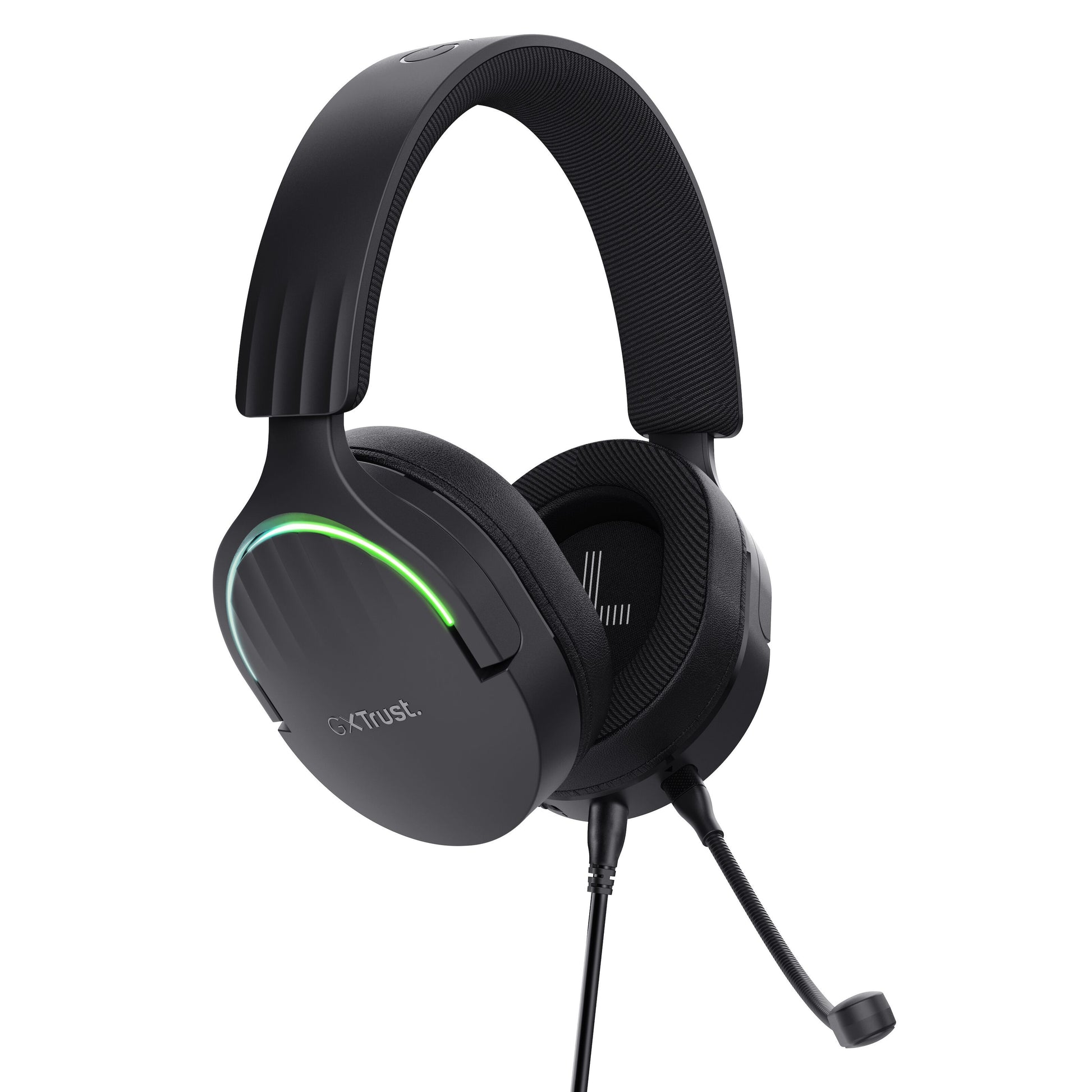 Trust GXT 490 Fayzo 7.1 gaming headset, sort over-ear, mikrofon, grøn LED-lys, polstrede ørepuder, justerbar bøjle, Trust logo.