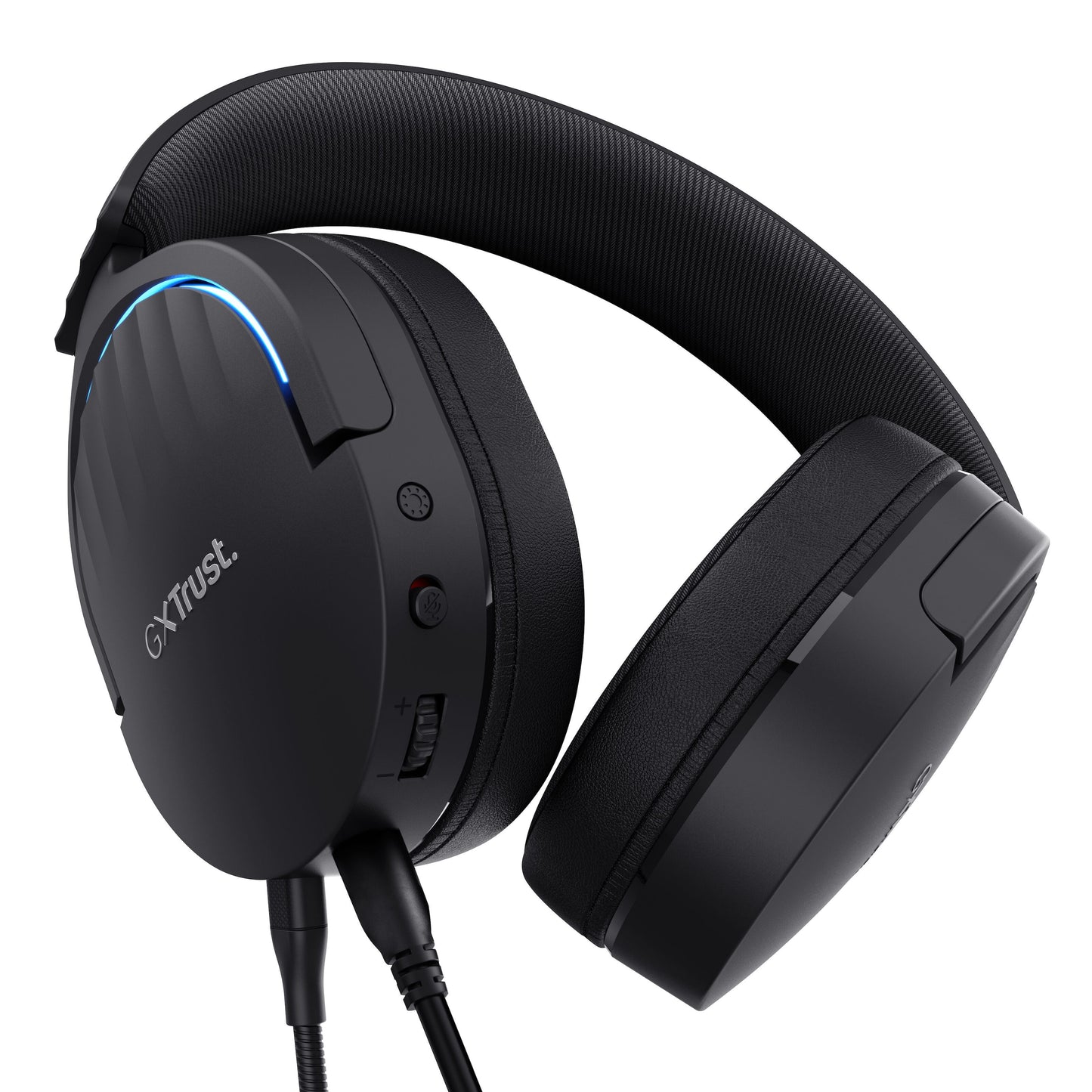 Trust GXT 490 Fayzo 7.1 gaming-headset, sort med blå LED, virtuel 7.1 surround sound og volumenkontrol.