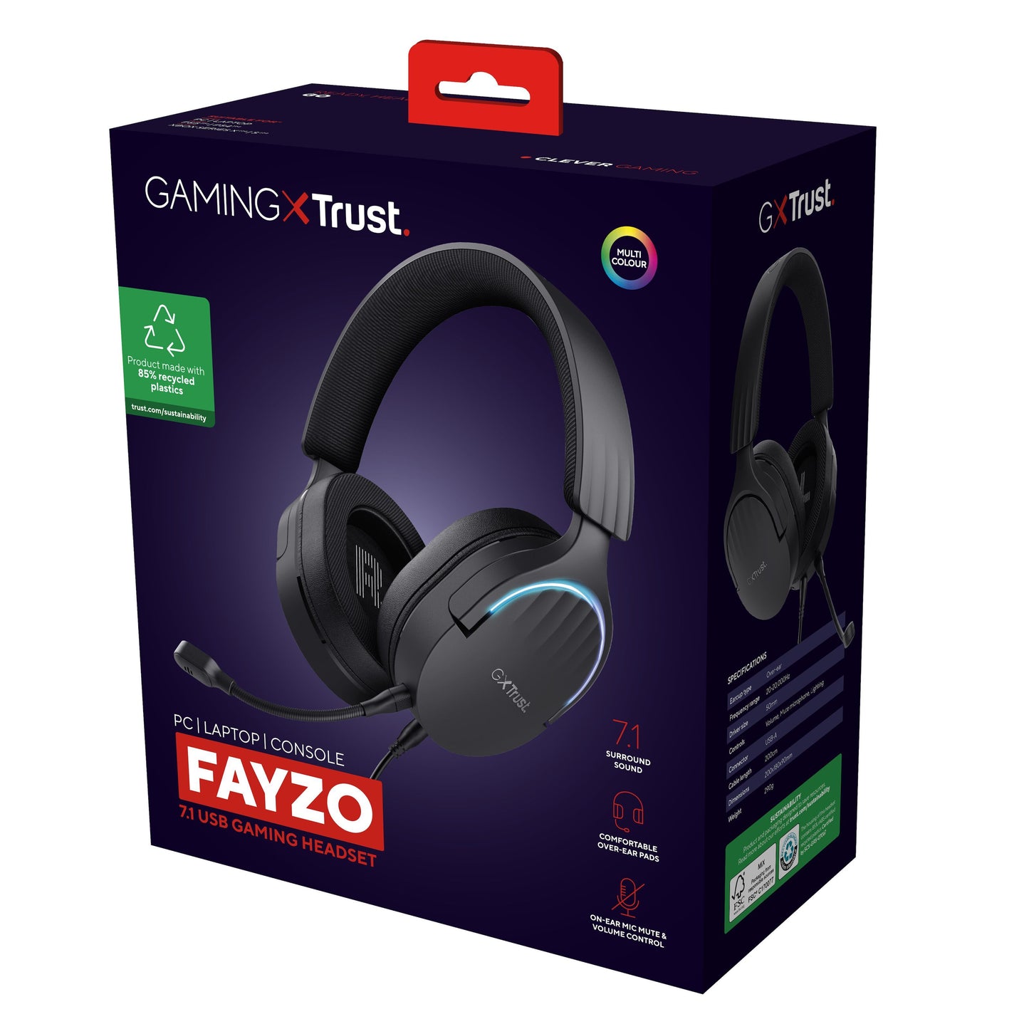 Trust GXT 490 Fayzo 7.1 gaming-headset sort, pc/laptop/konsol, surround sound, aftagelig mikrofon, miljøvenlige materialer.