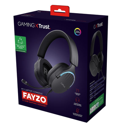 Trust GXT 490 Fayzo 7.1 gaming-headset sort, pc/laptop/konsol, surround sound, aftagelig mikrofon, miljøvenlige materialer.