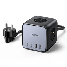 Ugreen DigiNest Cube Multilader 65W, grå/sort, EU-stik, flere udtag, 2x USB-C og 2x USB-A-porte.