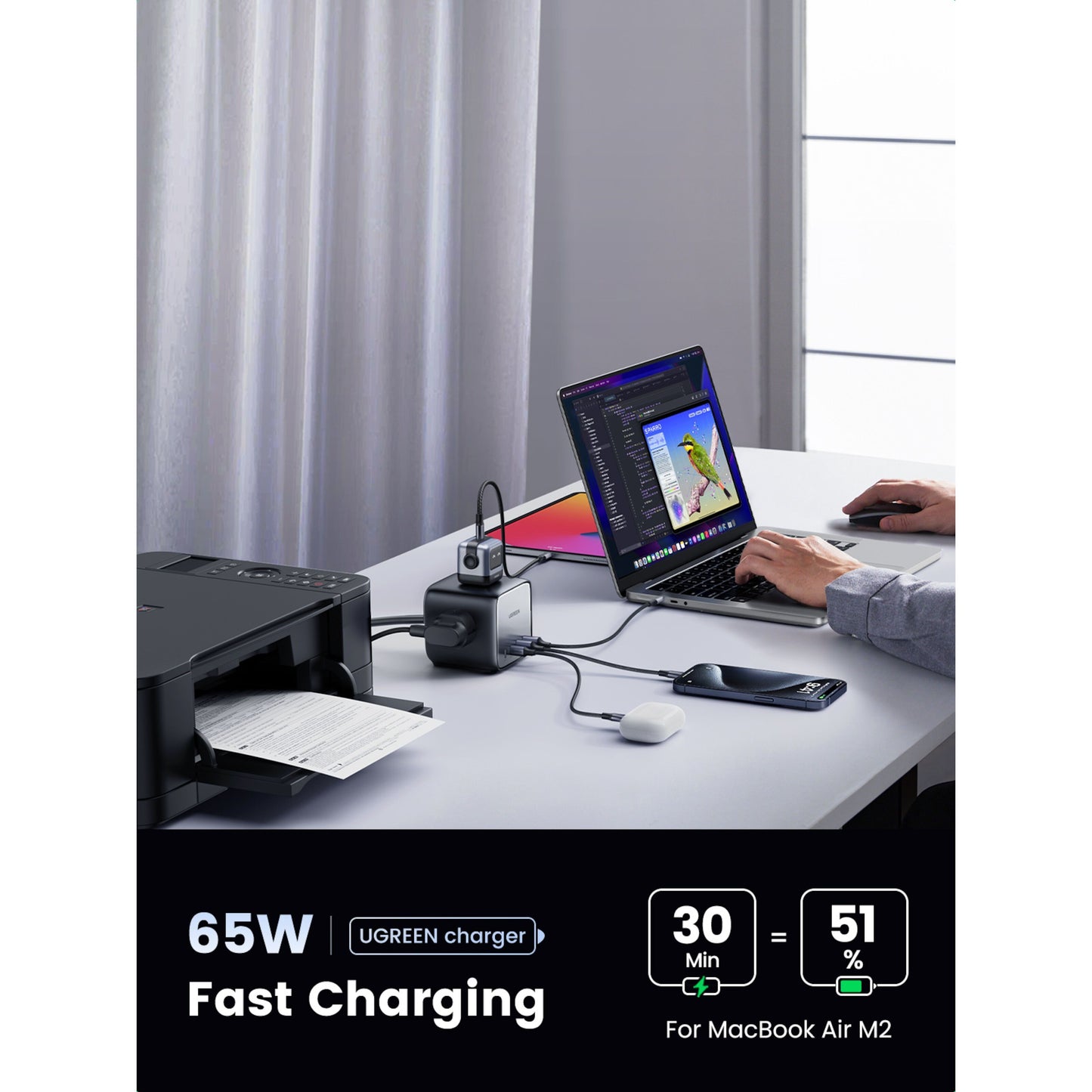 UGREEN DigiNest Cube Multilader 65W oplader laptop, printer og mus, tekst: UGREEN 65W hurtigopladning af MacBook Air M2 51 på 30 min.