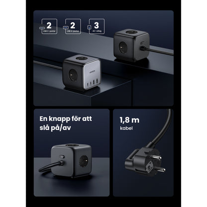 Ugreen DigiNest Cube Multilader 65W sort med 2 USB-C, 2 USB-A porte, 3 AC stik, power-knap, 1,8m kabel, svensk tekst.