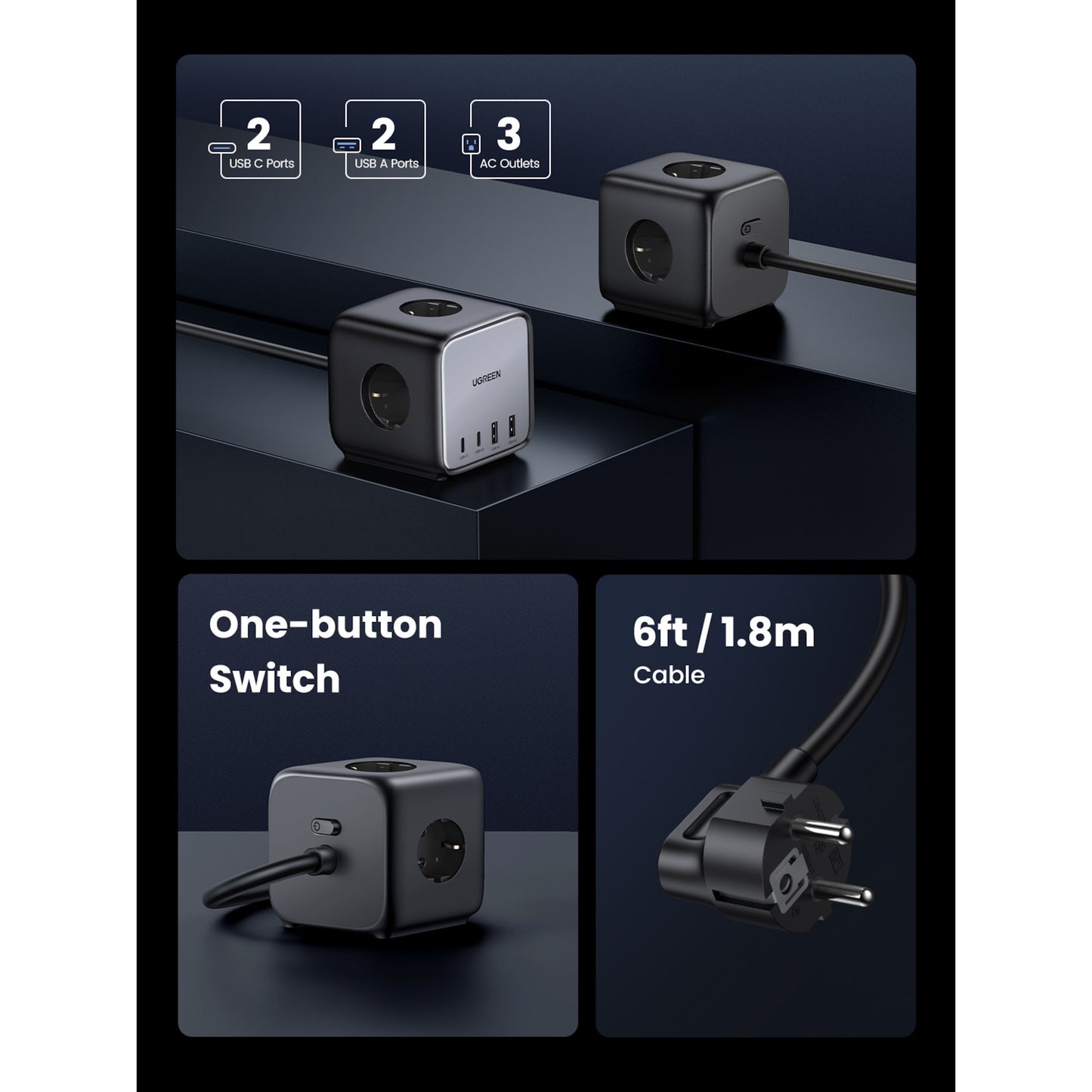Ugreen DigiNest Cube Multilader 65W med 2 USB-C, 2 USB-A, 3 AC stik, one-button switch og 1,8 m EU-kabel vises fra flere vinkler.