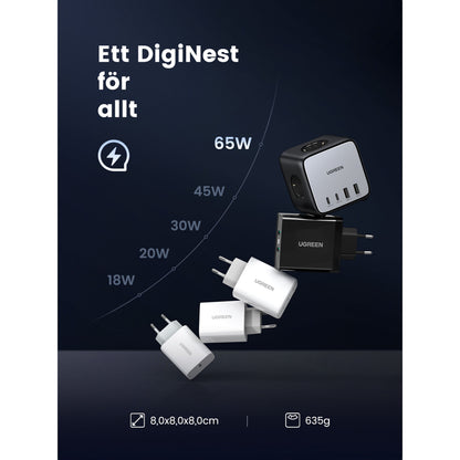 Ugreen DigiNest Cube Multilader 65W med svensk tekst 'Ett DigiNest för allt', USB-C 18-65W, mål 8x8x8 cm, vægt 635 g.