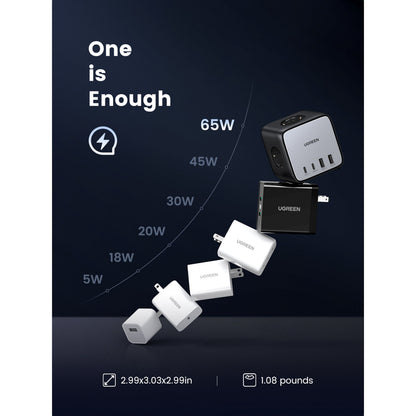 Ugreen DigiNest Cube Multilader 65W over mindre opladere 5-65W tekst "One is Enough" mål og vægt vises nederst.