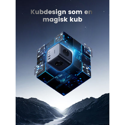 Ugreen DigiNest Cube Multilader 65W med tekst: Kubdesign som en magisk kub.
