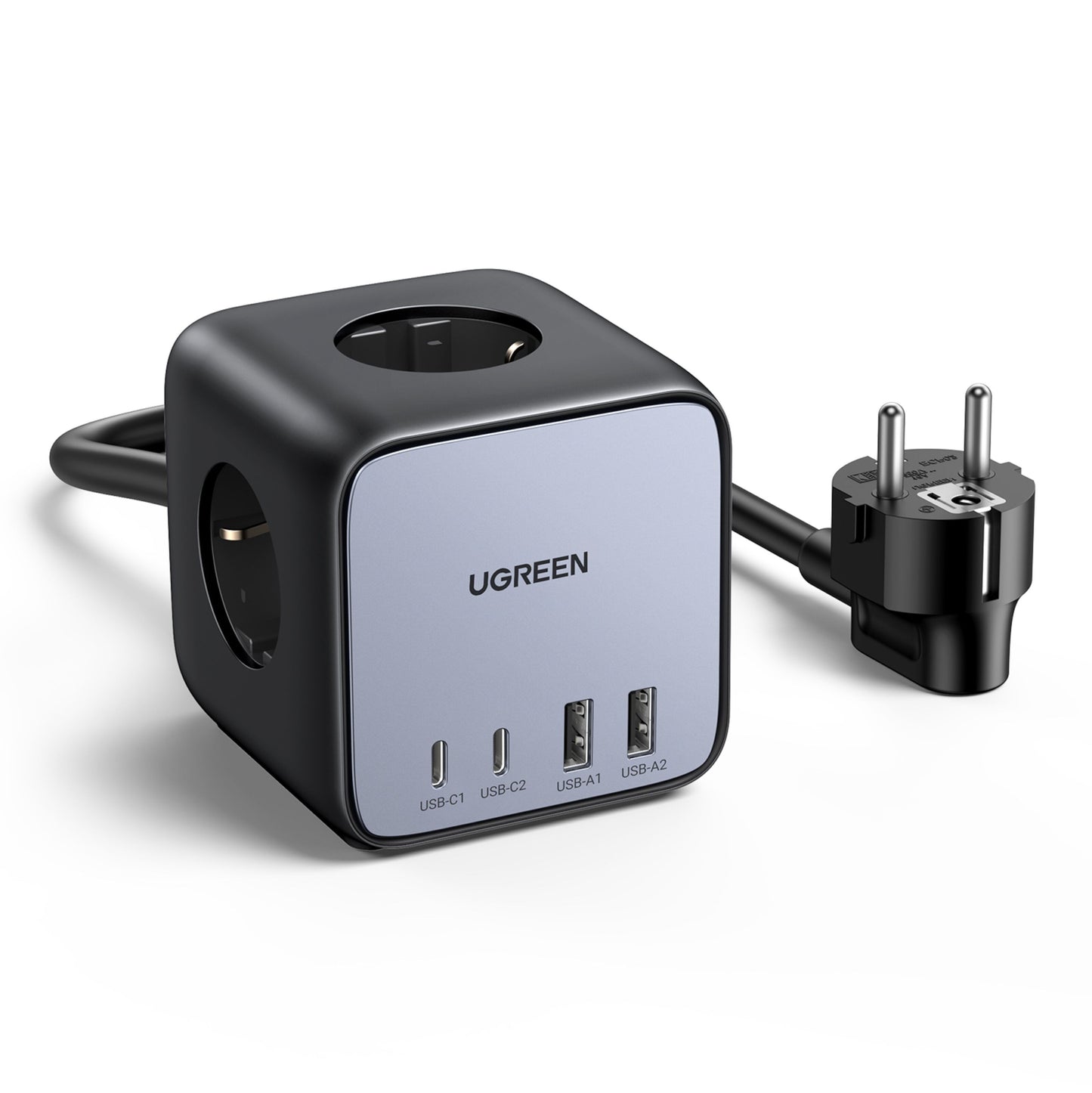 Ugreen DigiNest Cube Multilader 65W sort/grå med flere stik, tre USB-porte inkl. USB-C og EU-stik på sort ledning, UGREEN-logo.