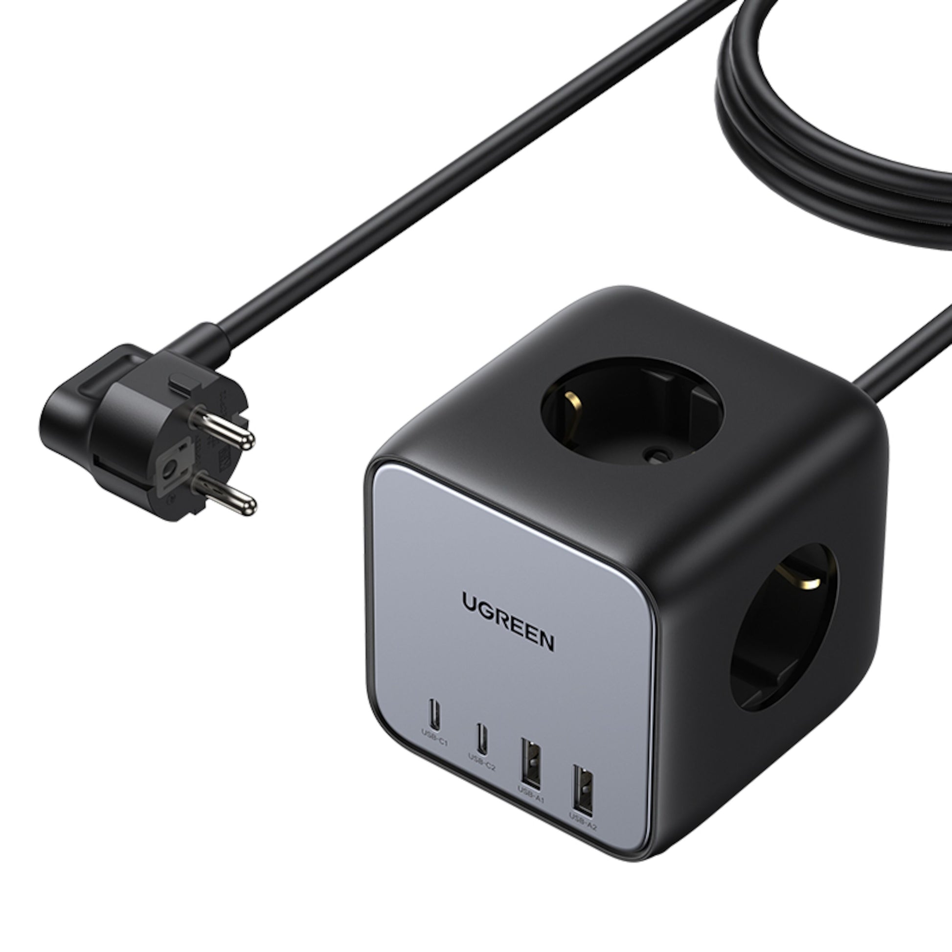 Ugreen DigiNest Cube Multilader 65W sort strømkube med flere stik, 3 USB-porte, USB-C og EU-stik med lang ledning.