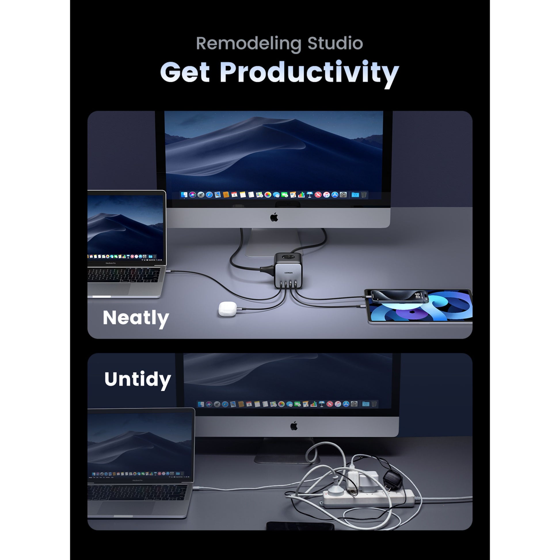 Ugreen DigiNest Cube Multilader 65 W på skrivebord med computer, laptop og telefon, tekst: Ugreen Productivity Neat vs. Messy.