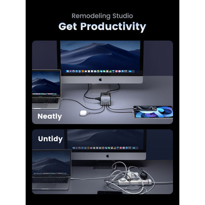 Ugreen DigiNest Cube Multilader 65 W på skrivebord med computer, laptop og telefon, tekst: Ugreen Productivity Neat vs. Messy.