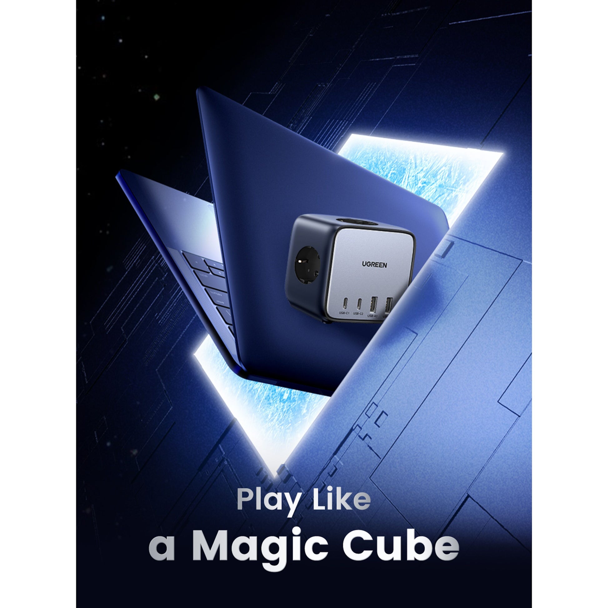 Ugreen DigiNest Cube Multilader 65W ses foran delvist åben blå laptop, tekst "Play Like a Magic Cube" under.