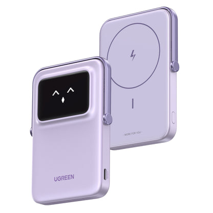 Ugreen Uno Magsafe Powerbank 5000mAh lavendel, én med digitalt display med ansigt, én med trådløst opladningssymbol.
