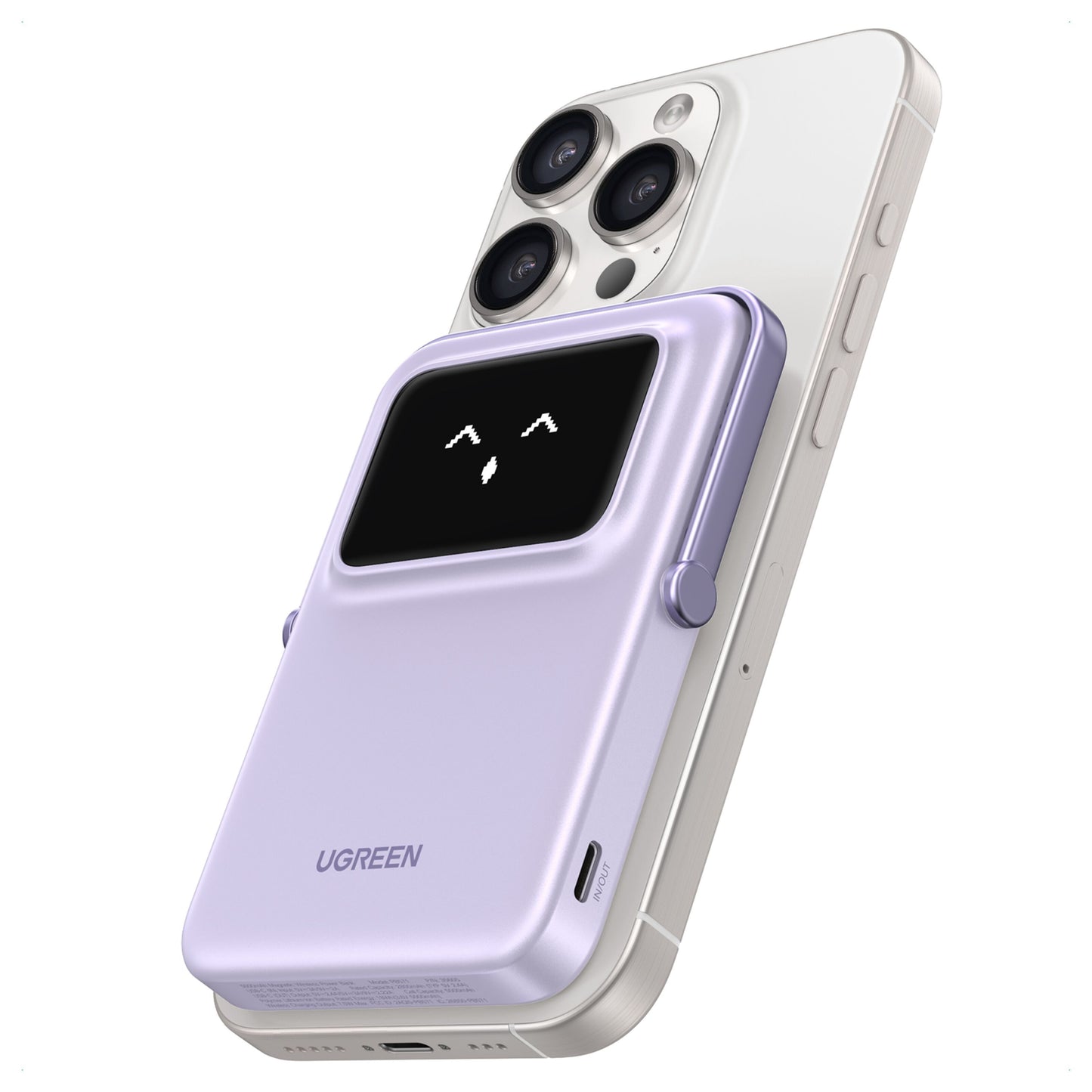 Ugreen Uno Magsafe Powerbank 5000mAh i lavendel med lille skærm med hvidt smil, monteret på hvid smartphone.