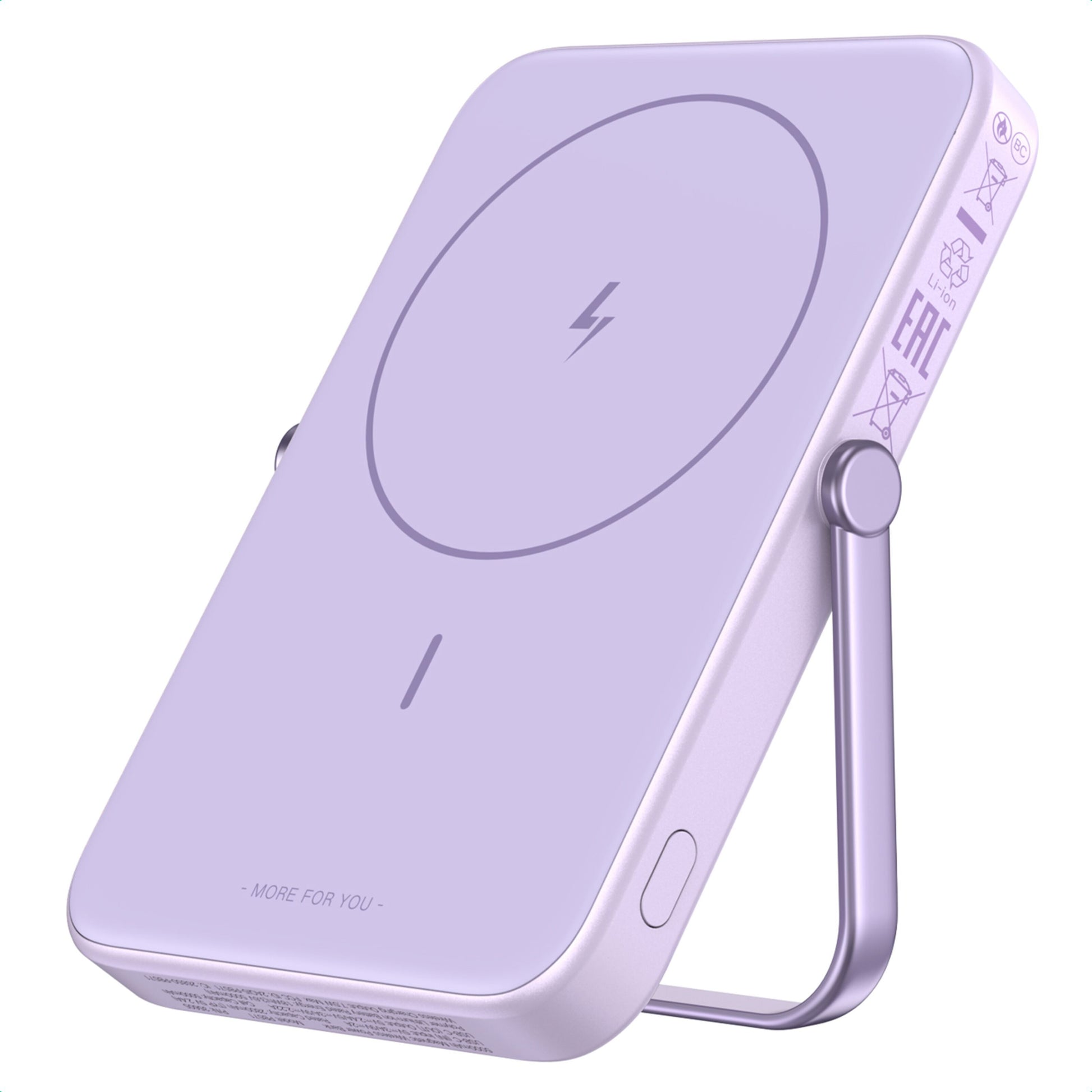 Ugreen Uno Magsafe Powerbank 5000mAh lavendel med trådløs opladning, magnetisk opladercirkel, lynikon, metalstativ.