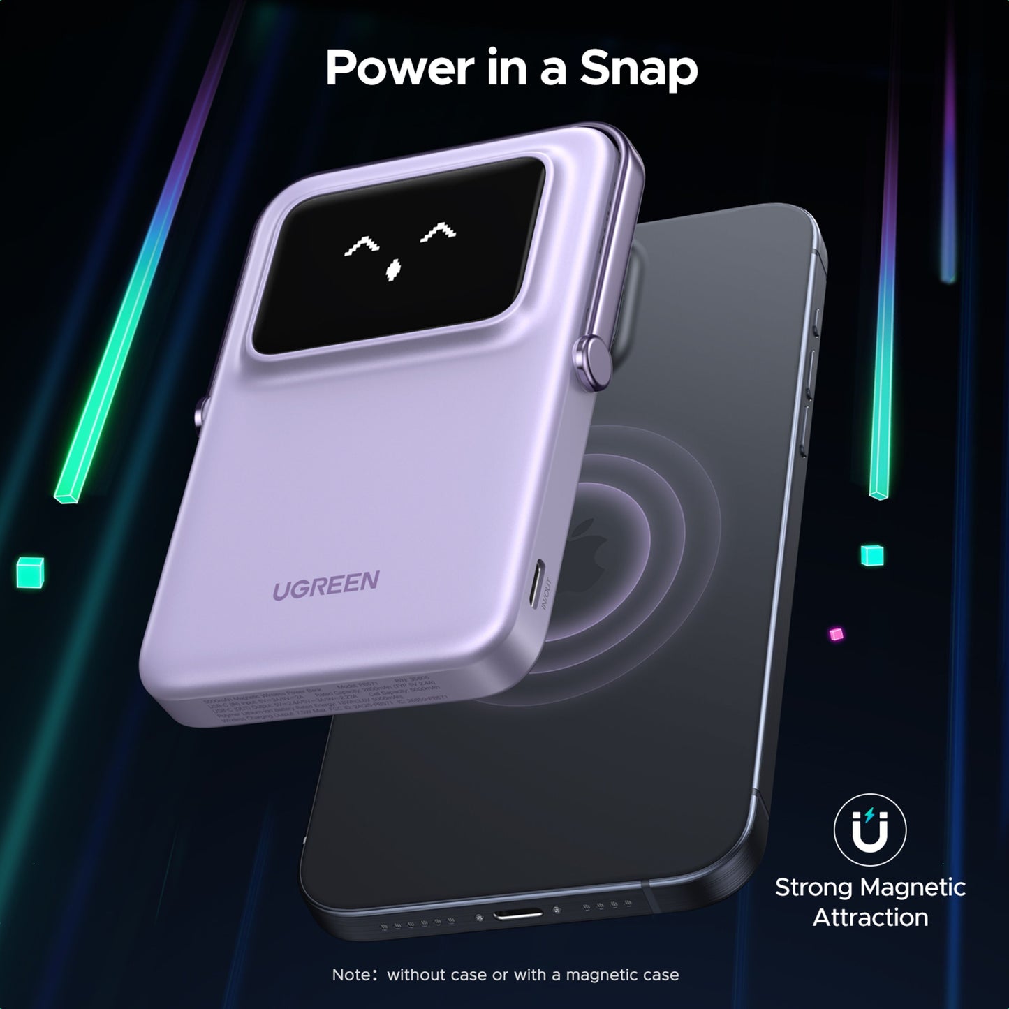 Ugreen Uno Magsafe Powerbank 5000mAh lilla, trådløs opladning, LED display, magnetisk fastgørelse, modeltekst synlig.