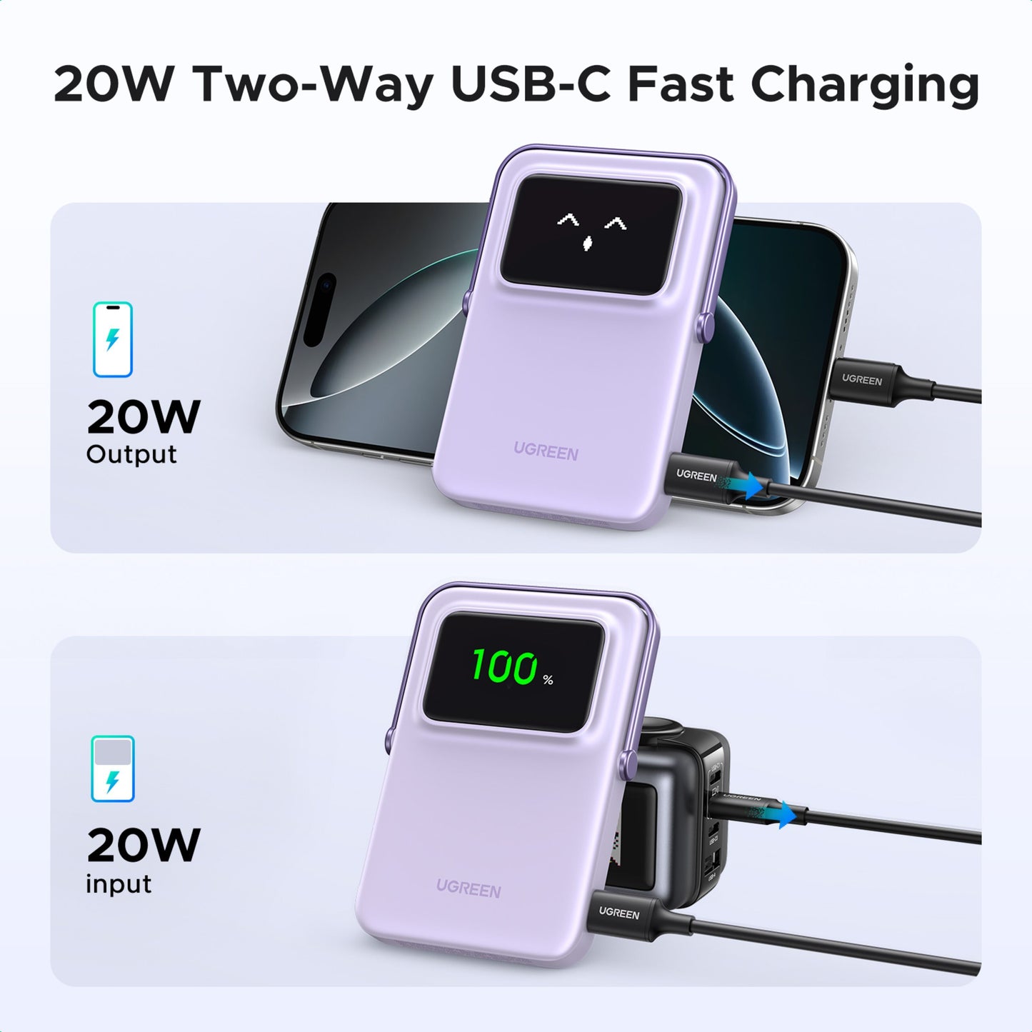 Ugreen Uno Magsafe Powerbank 5000mAh lilla oplader via USB-C 20W og oplades selv fra vægadapter, trådløs opladning vises.