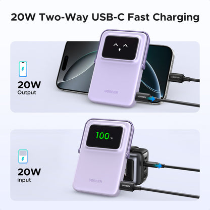 Ugreen Uno Magsafe Powerbank 5000mAh lilla oplader via USB-C 20W og oplades selv fra vægadapter, trådløs opladning vises.