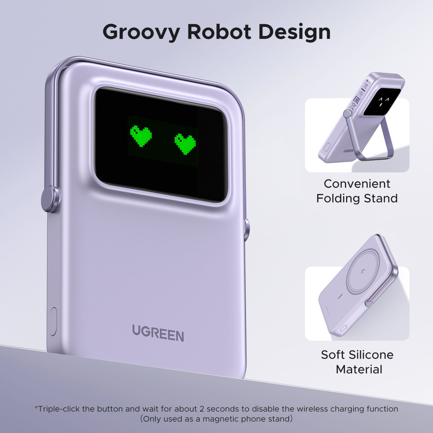 Ugreen Uno Magsafe Powerbank 5000mAh lilla, trådløse oplader med foldbart stativ, blødt silikone og robotdesign med grønne hjerteikoner.