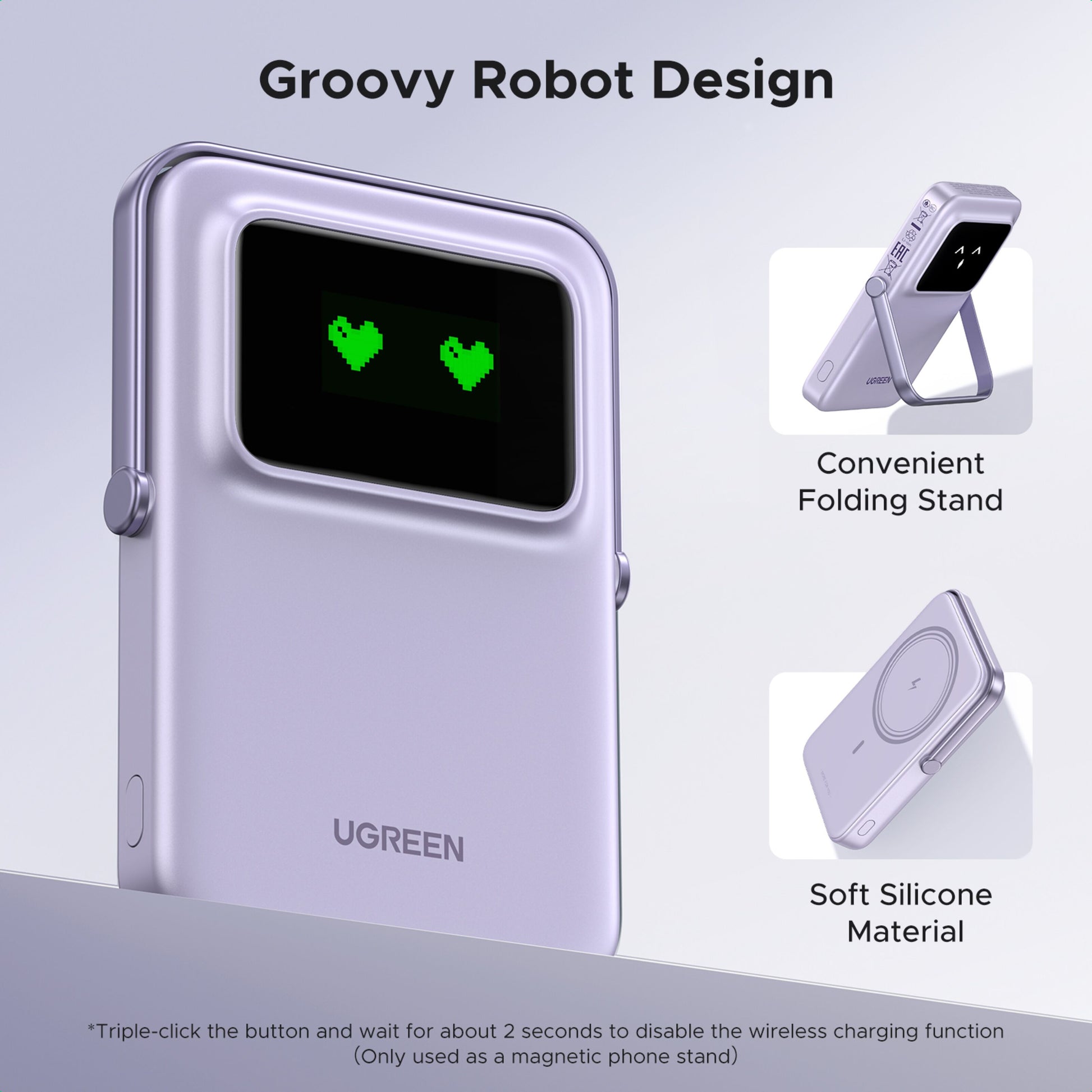 Ugreen Uno Magsafe Powerbank 5000mAh lilla, trådløse oplader med foldbart stativ, blødt silikone og robotdesign med grønne hjerteikoner.
