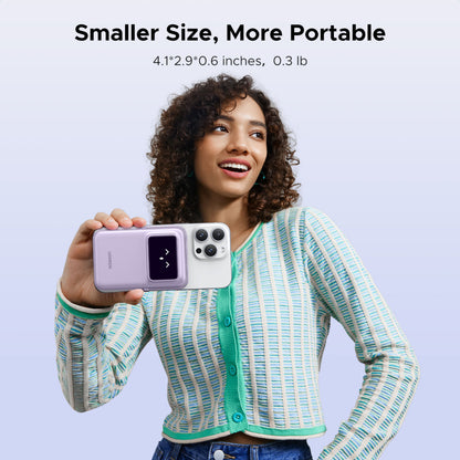 Ugreen Uno Magsafe Powerbank 5000mAh monteret på smartphone, tekst: Mindre størrelse, mere bærbar, 4,1×2,9×0,6 in, 0,3 lb.
