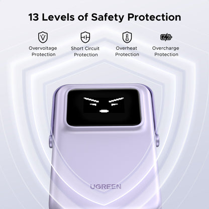 Ugreen Uno Magsafe Powerbank 5000mAh lavendel med digitalt display, 13 sikkerhedsniveauer og beskyttelsesikoner.