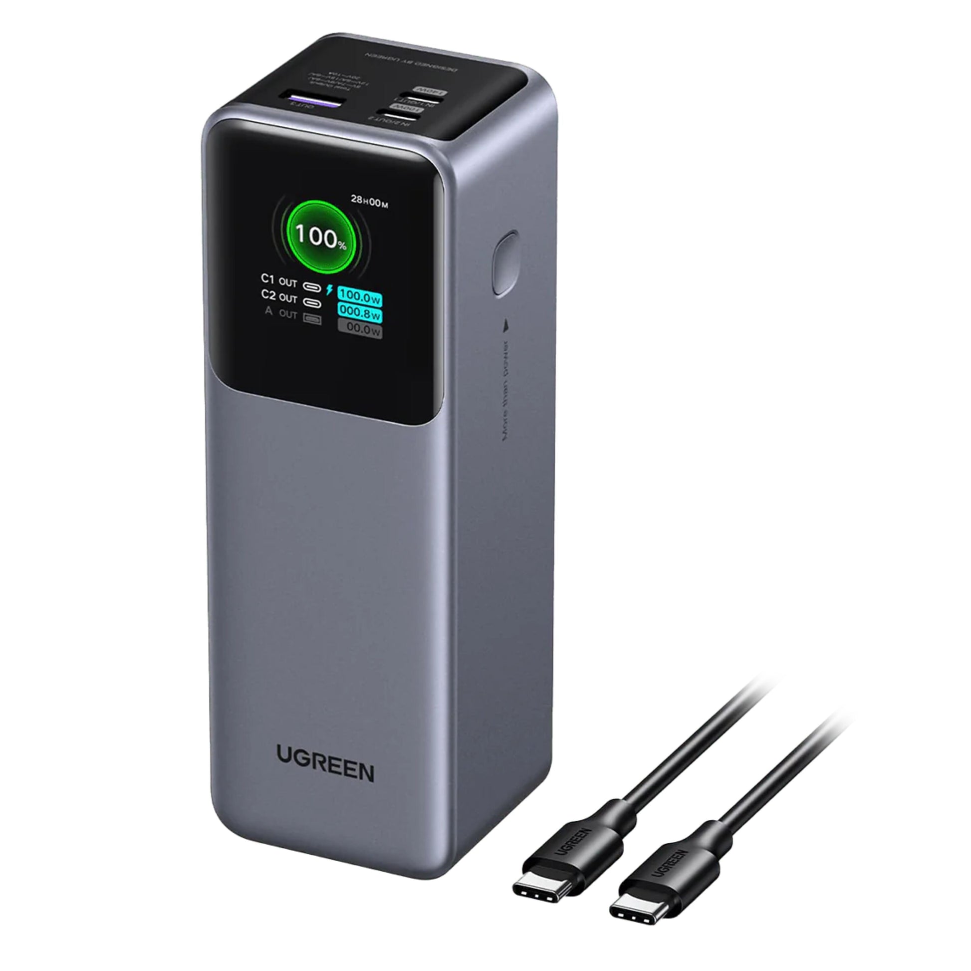Ugreen Nexode 25000 mAh powerbank metallic grå med digitalt display, to USB-C porte, en USB-A port og USB-C kabel.