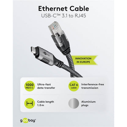 Goobay netværkskabel USB-C til RJ45 CAT 6 1m gigabit 1000 Mbit/s aluminiumsstik.