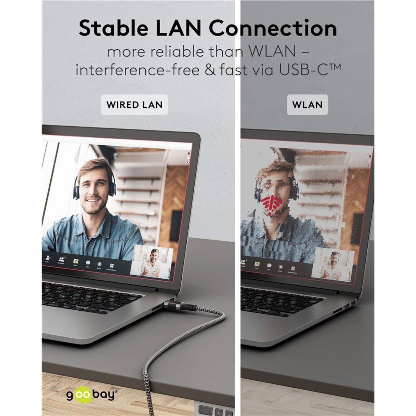 Goobay netværkskabel USB-C 1m vises klart til venstre på laptops videoopkald, WLAN er pixeleret til højre.