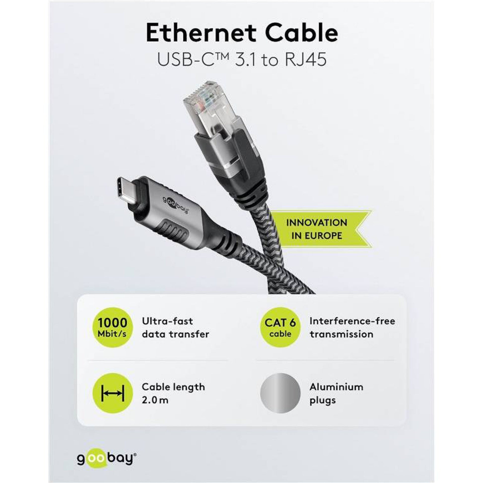 Goobay netværkskabel USB-C, 2 m, Cat 6, gigabit (1000 Mbit/s), aluminiumstik, interferensfri.