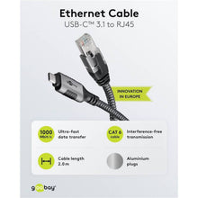 Goobay netværkskabel USB-C, 2 m, Cat 6, gigabit (1000 Mbit/s), aluminiumstik, interferensfri.