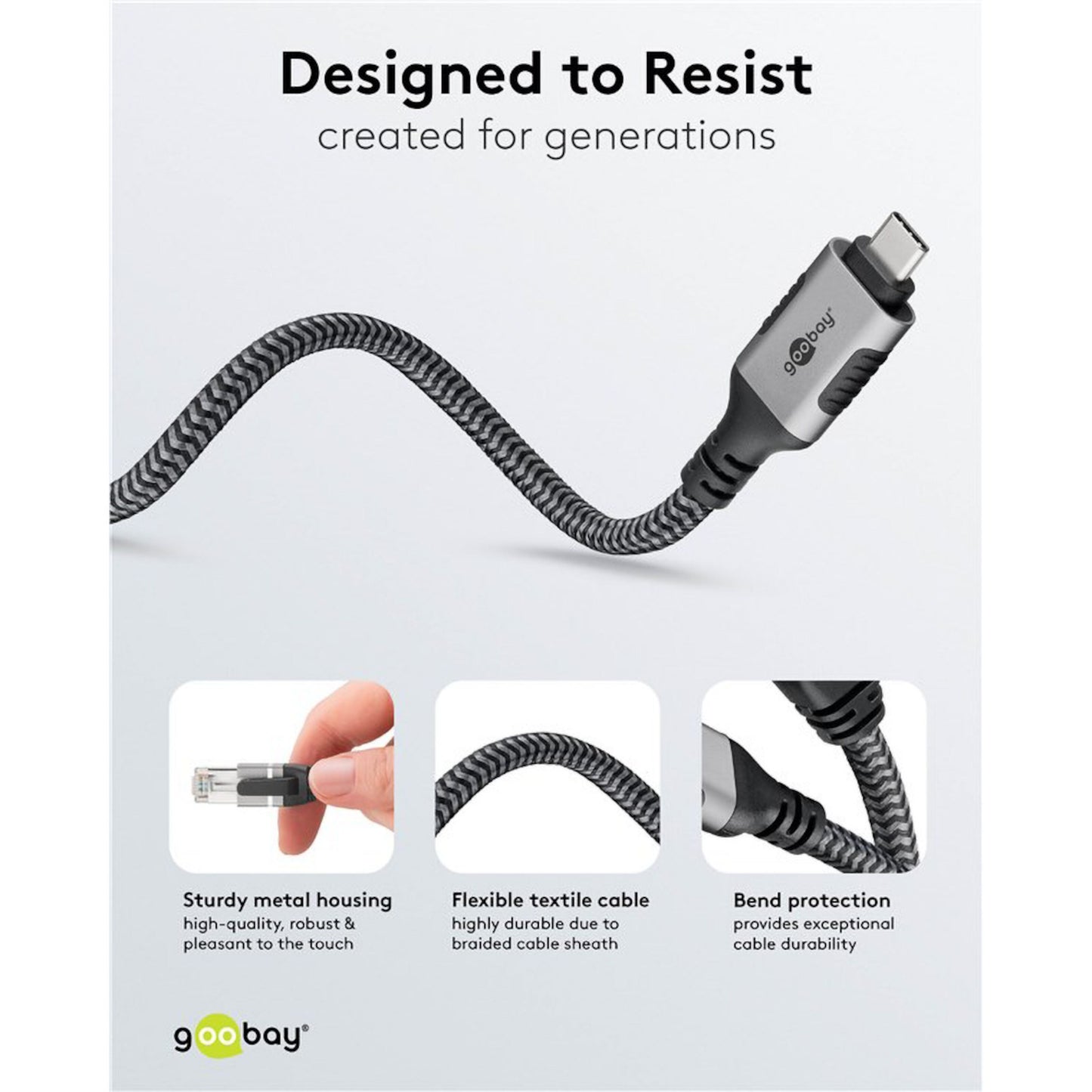 Goobay netværkskabel USB-C 2m, metalhus, flettet tekstil, bøjningsbeskyttelse, Goobay-logo nederst.