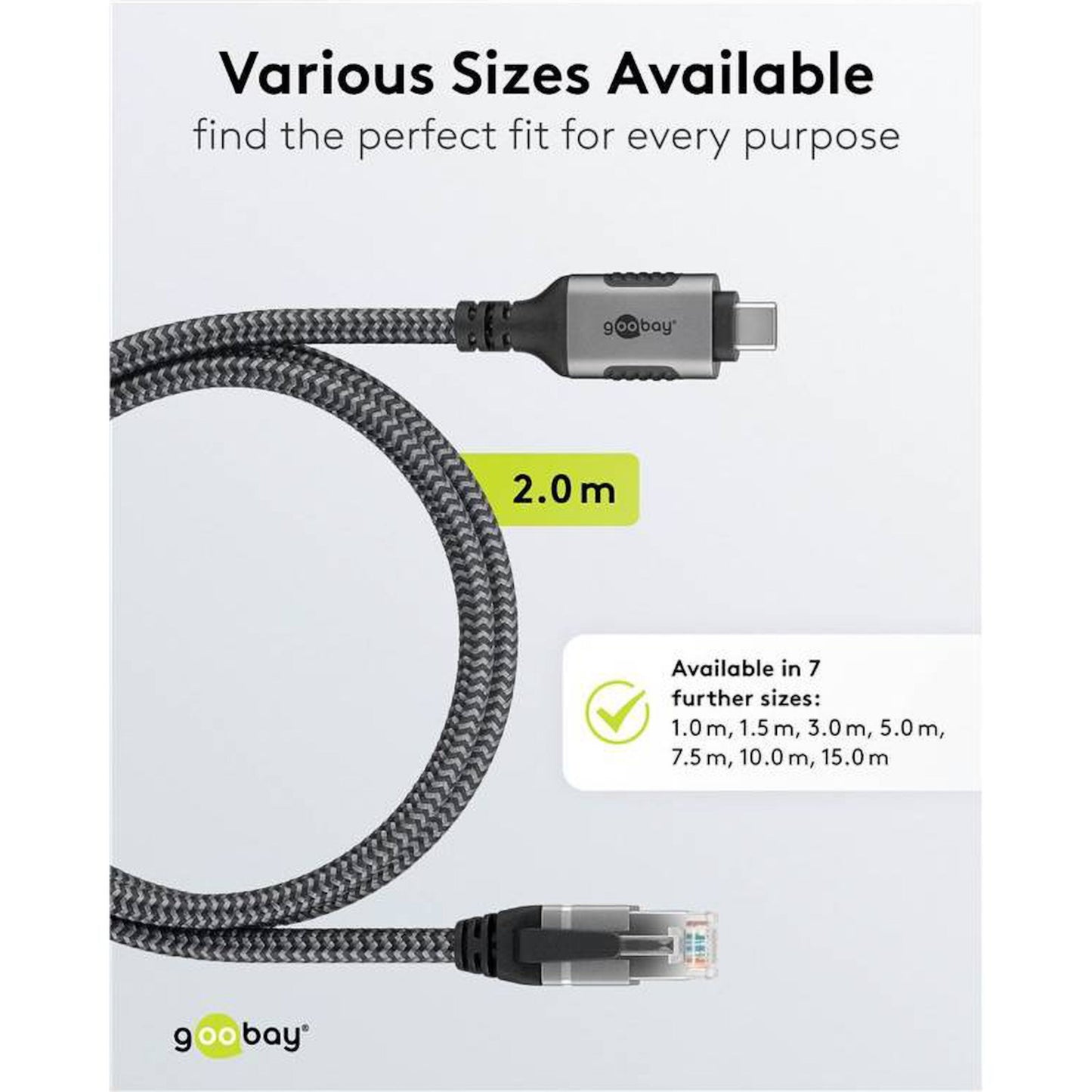Goobay netværkskabel USB-C til Ethernet 2 m, tekst: Forskellige størrelser tilgængelige 1,0-15,0 m, Goobay-logo nederst.