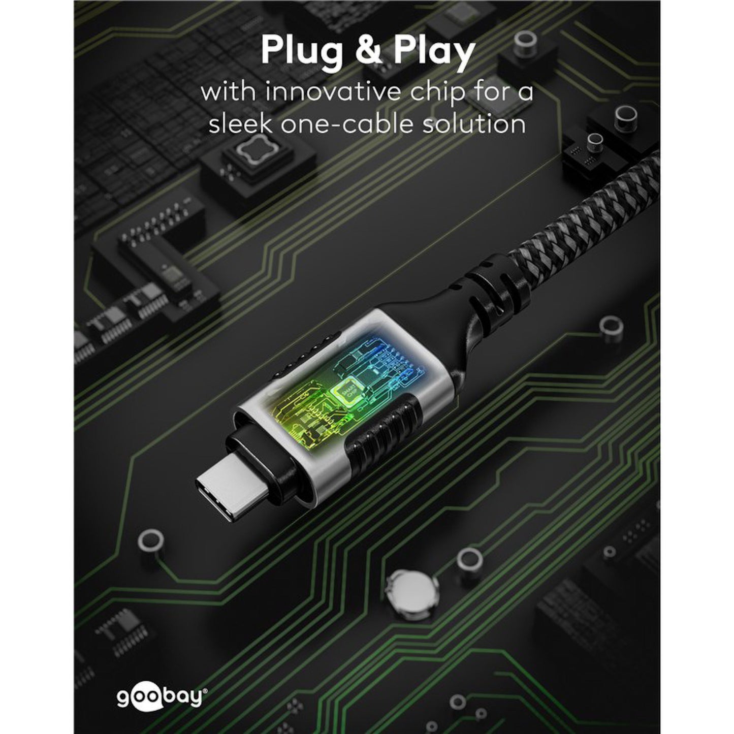 Goobay netværkskabel USB-C 2 m, gennemsigtigt hus med synlig chip, tekst "Plug  Play gigabit-netværk", Goobay-logo.