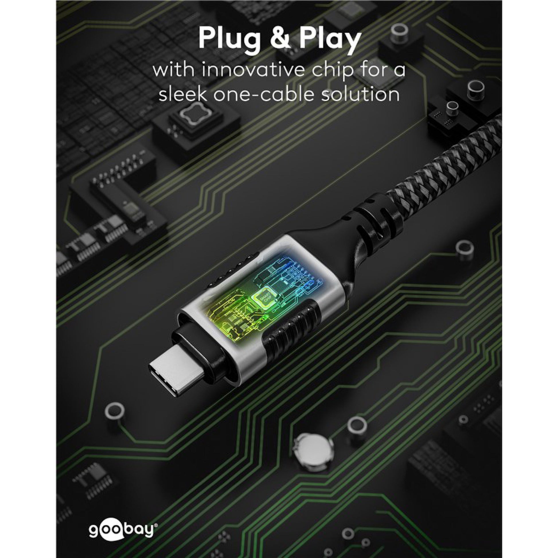 Goobay netværkskabel USB-C 2 m, gennemsigtigt hus med synlig chip, tekst "Plug  Play gigabit-netværk", Goobay-logo.