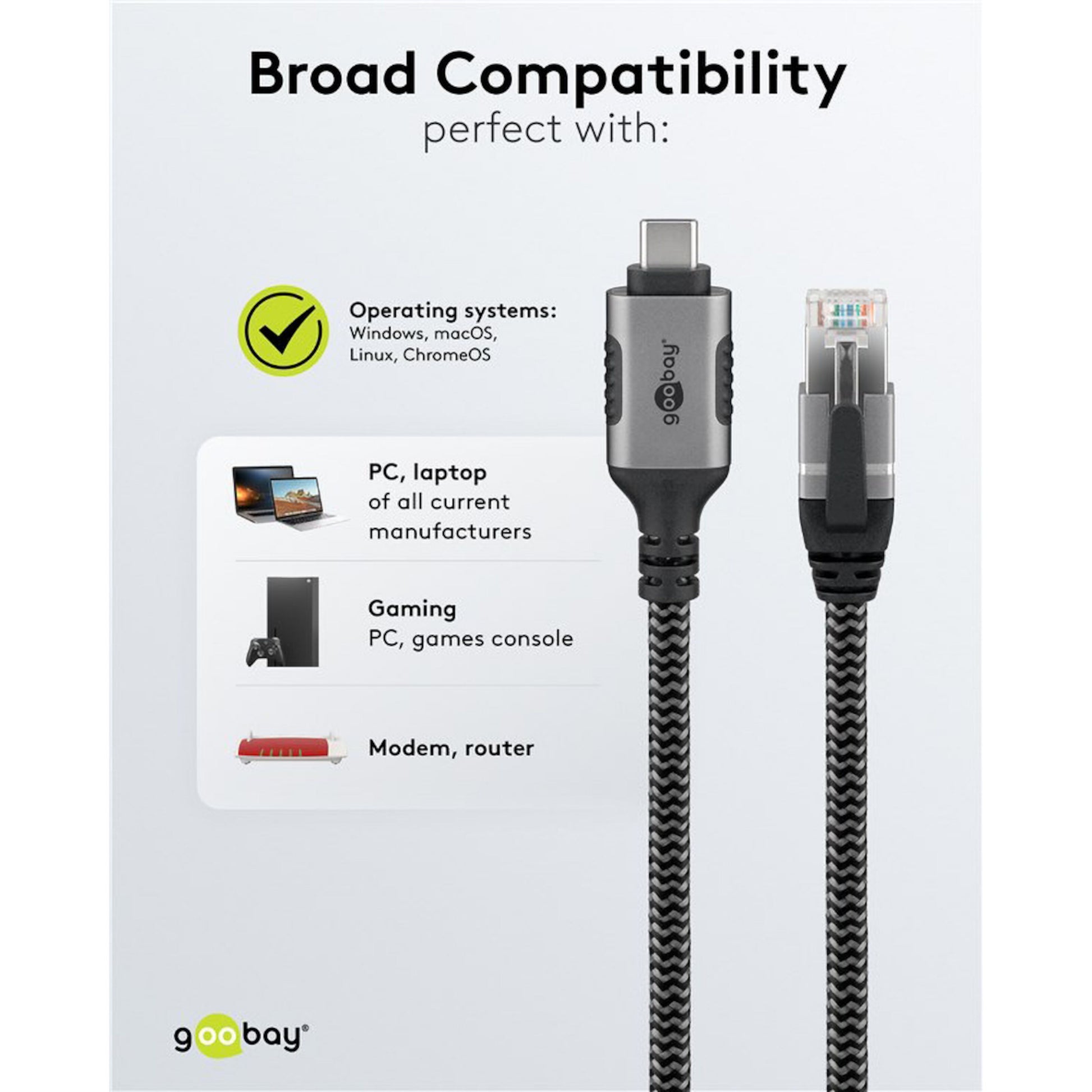 Goobay netværkskabel USB-C 2m gigabit, kompatibel med Windows, macOS, Linux, ChromeOS, pc, laptop, modem og router.