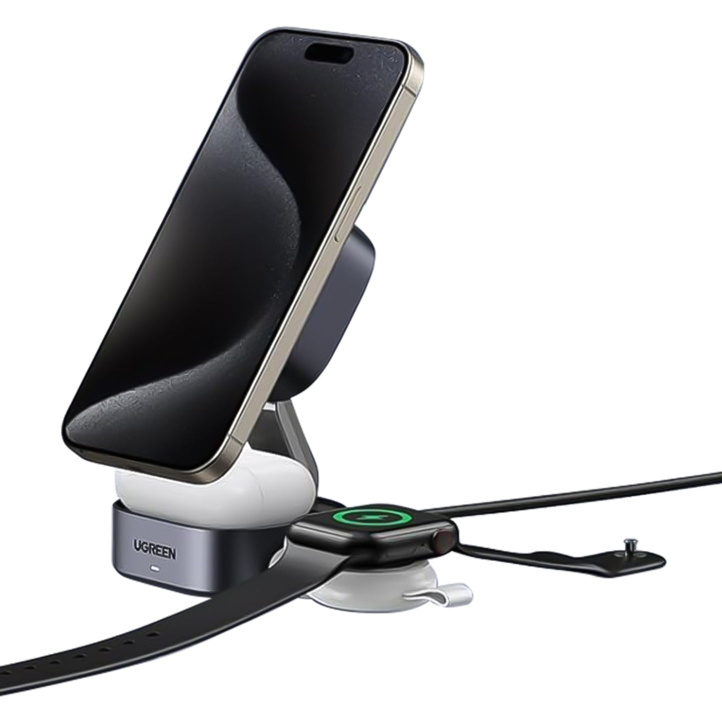 Ugreen Qi 2 3-i-1 oplader holder smartphone oprejst, lader smartwatch fladt og har plads til ørepropper ved basen.