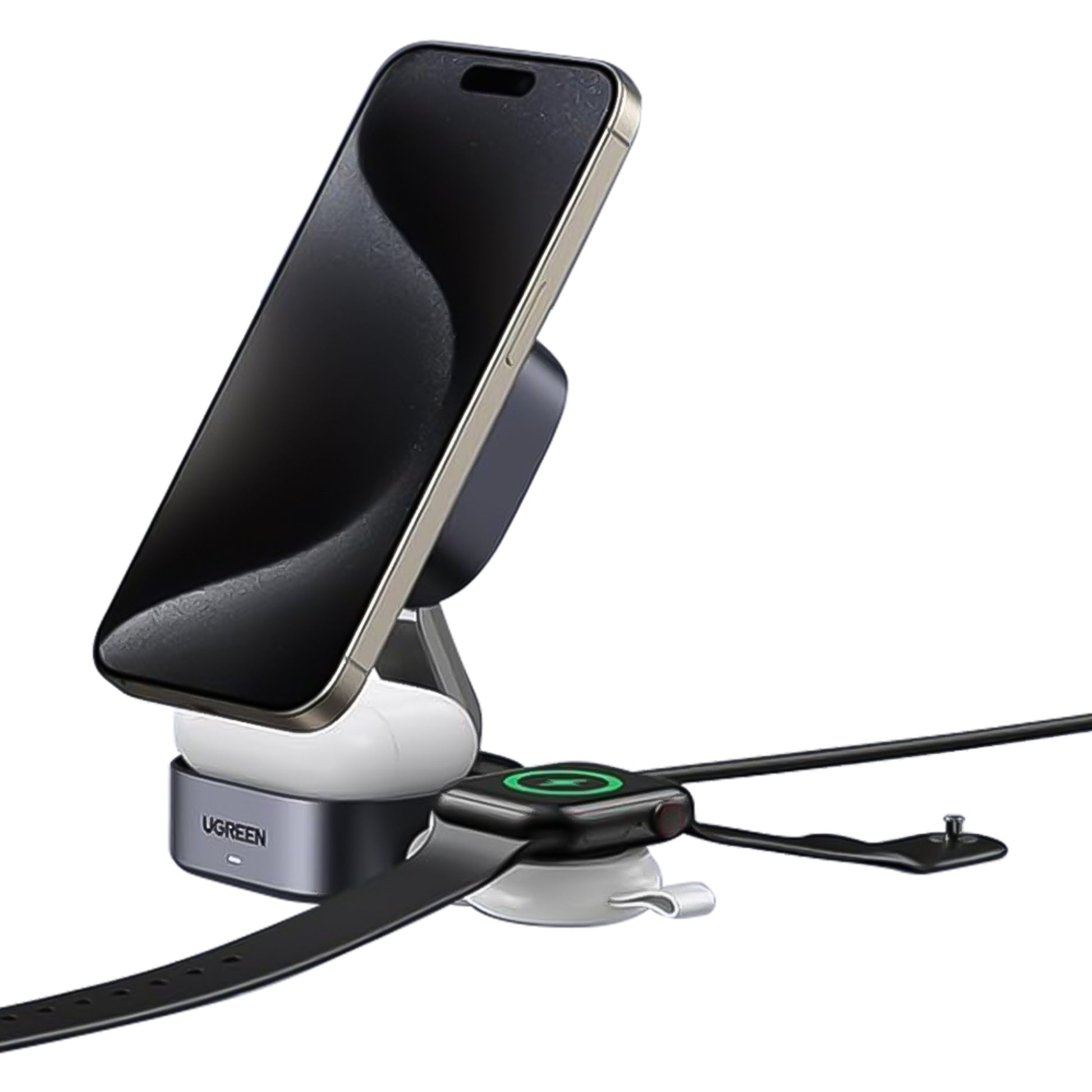 Ugreen Qi 2 3-i-1 oplader holder smartphone oprejst, lader smartwatch fladt og har plads til ørepropper ved basen.
