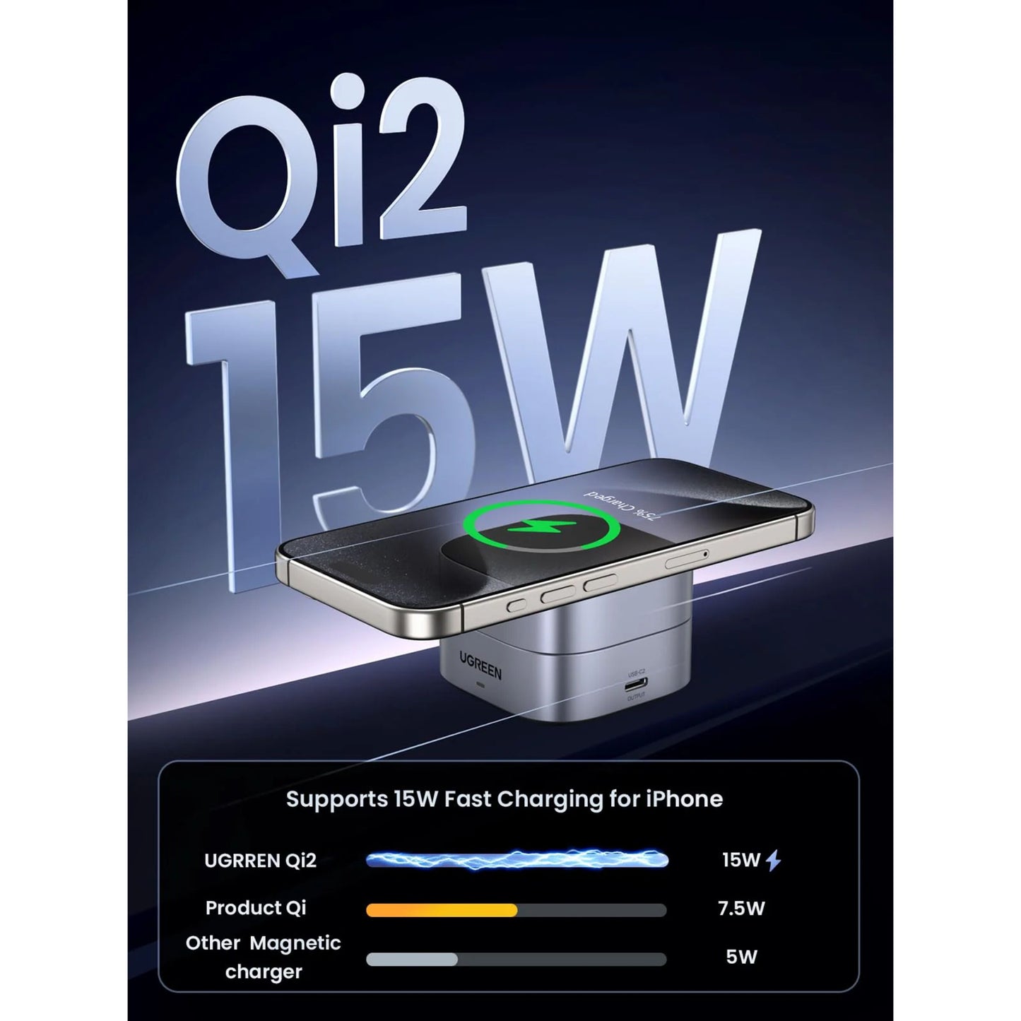 IPhone lader trådløst på Qi2 3-i-1 oplader, grafik viser Qi2 15W, diagram sammenligner hastighed: 15W, 7.5W, 5W.