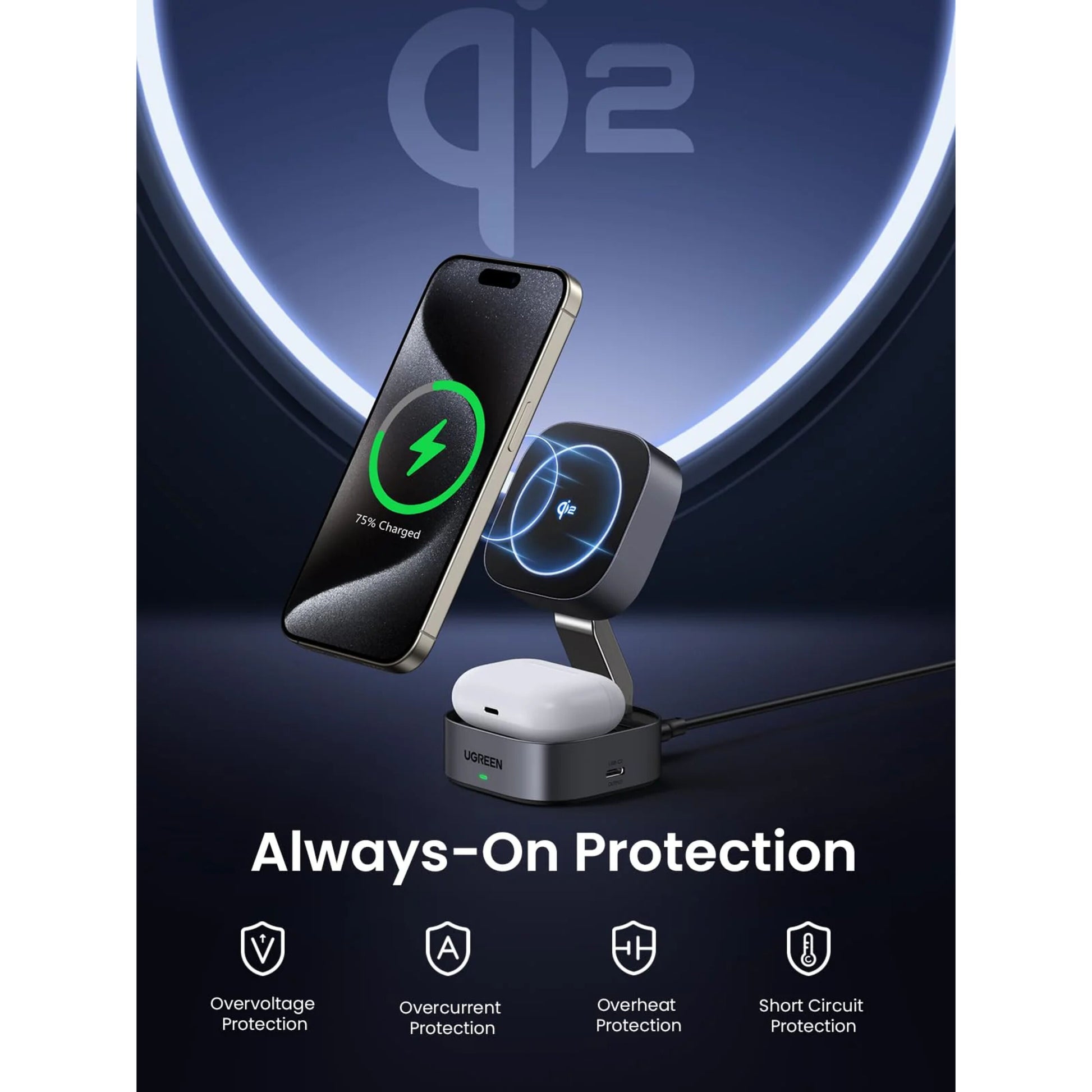 Qi 2 3-i-1 oplader med smartphone og ørepropper, lysende Qi-logo, Always-On Protection og beskyttelsesikoner.
