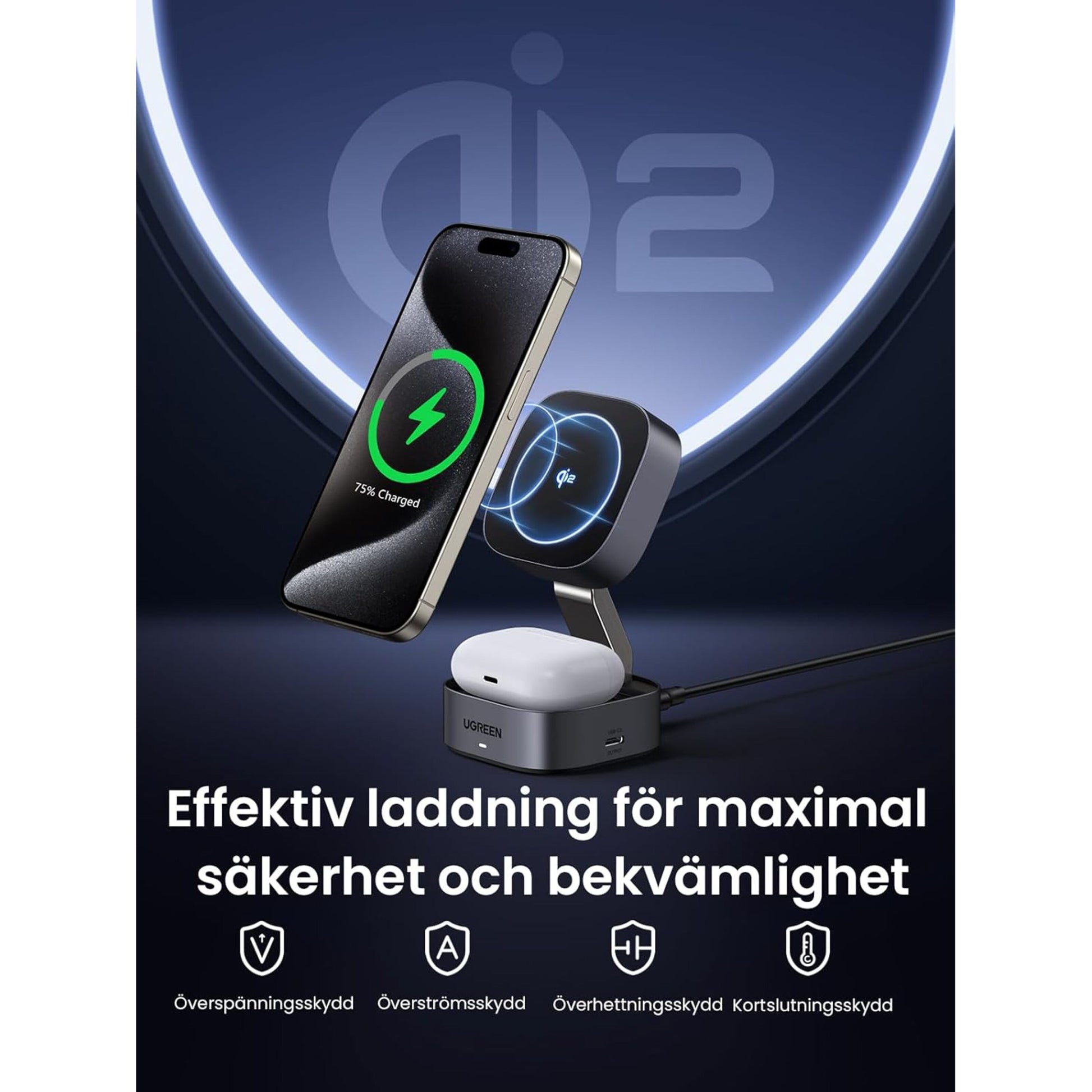 Ugreen Qi 2 3-i-1 oplader til iPhone og smartwatch, lysende opladningsikoner, svensk tekst om trådløs opladning.
