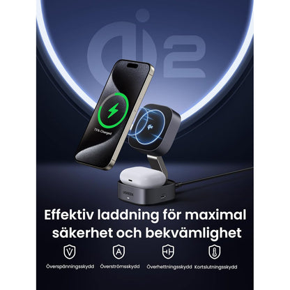 Ugreen Qi 2 3-i-1 oplader til iPhone og smartwatch, lysende opladningsikoner, svensk tekst om trådløs opladning.